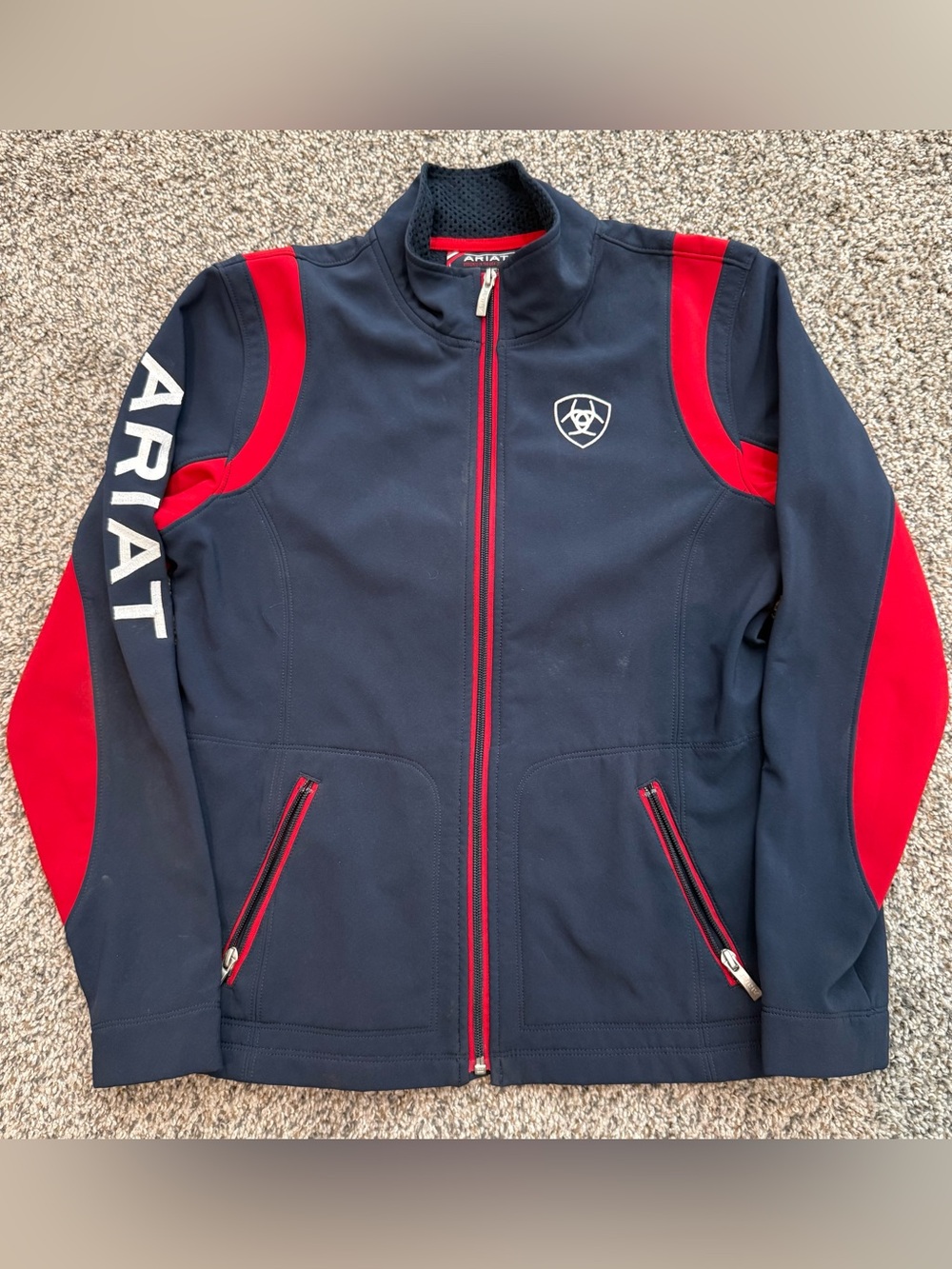 Ariat Team Softshell Jacket Navy Red Logo Full Zip XL 14 Equestrian